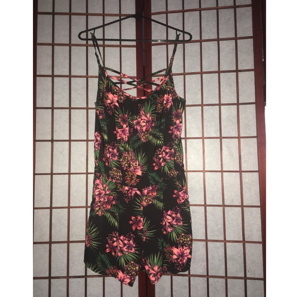 Tropical neon pink floral romper